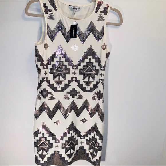 Express Ivory Aztec Silver/ Cooper Sequin Dress - Picture 6 of 7